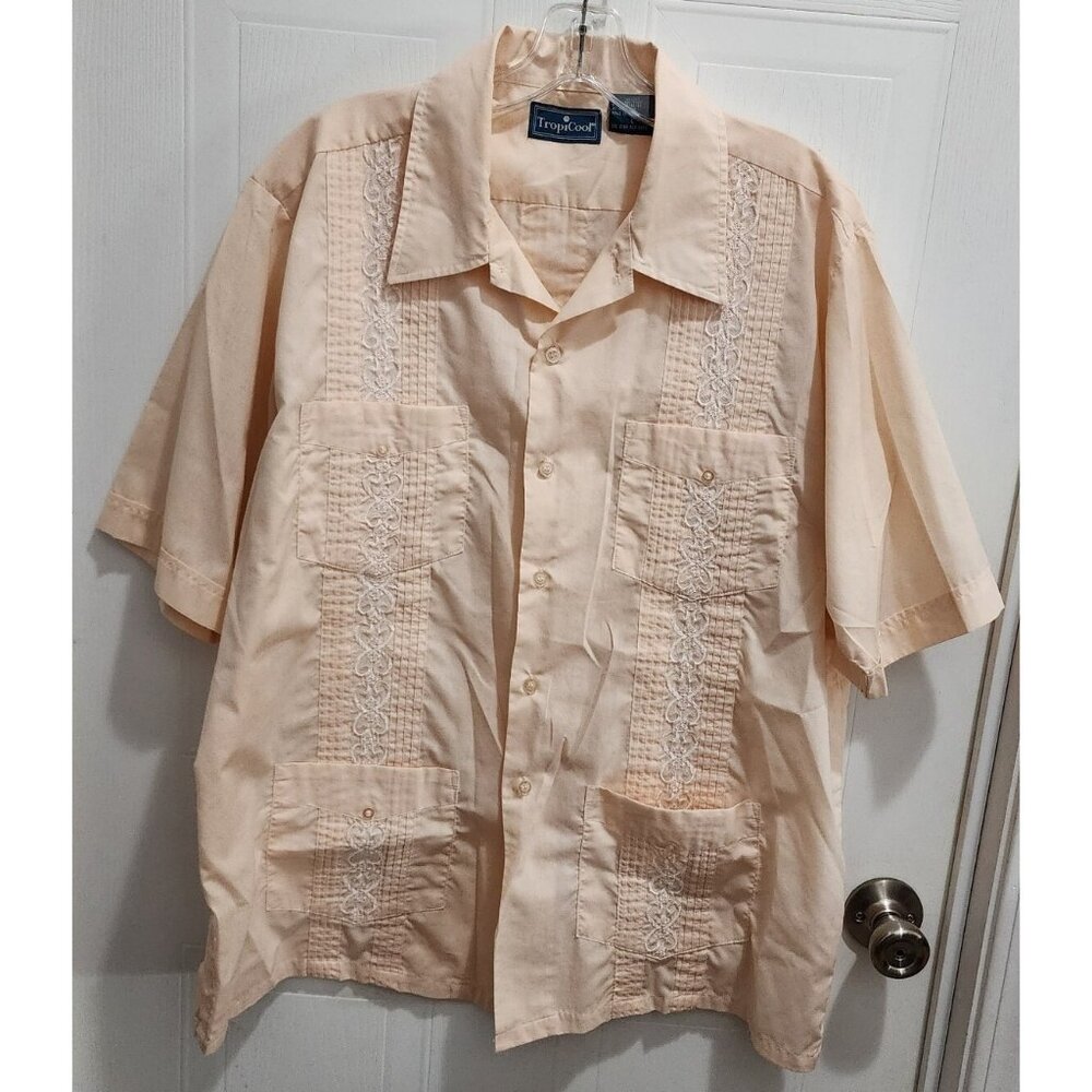 Vtg TropiCool Mens Short Sleeve Button Up‎ Cuban Guayabera Cigar Shirt Pink Sz L